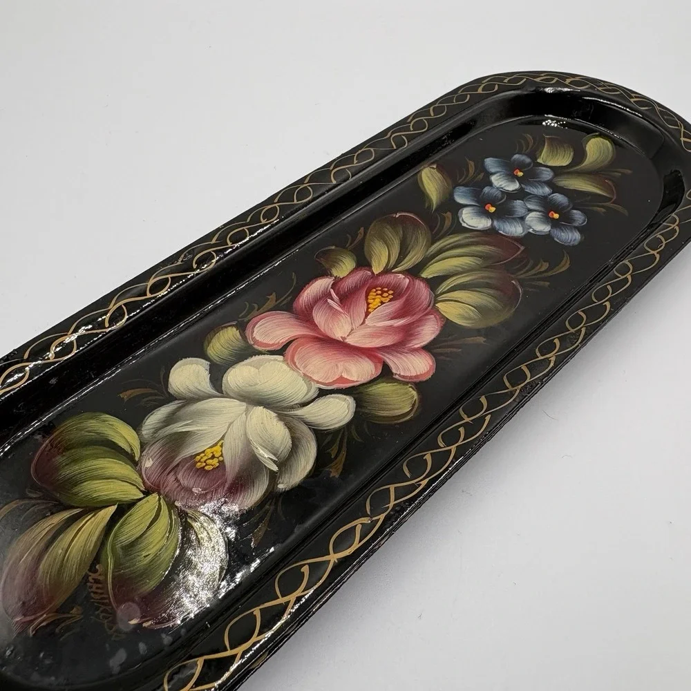 Two (2) Zhostovo Hand painted Russian Metal Decorative Trinket Tray Flowers